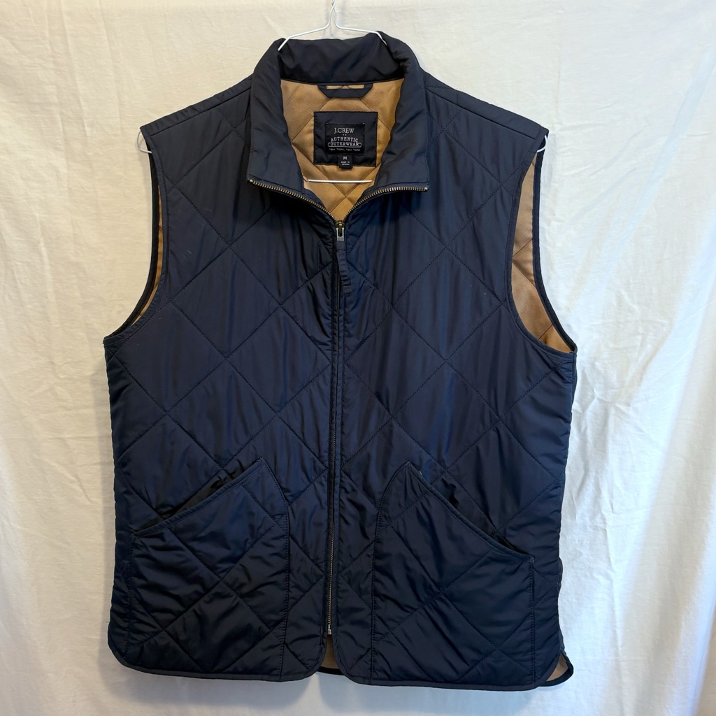 J. Crew Quilted Blue And Tan Vest With Classic Collar